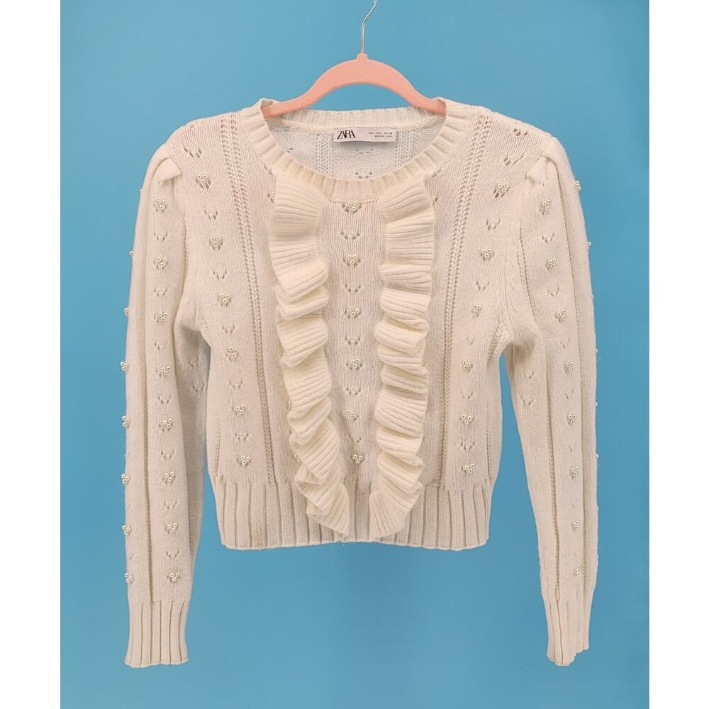 Zara Womens S/Girls L Cream Knit Pearl Ruffled Long Sleeve Pullover Sweater